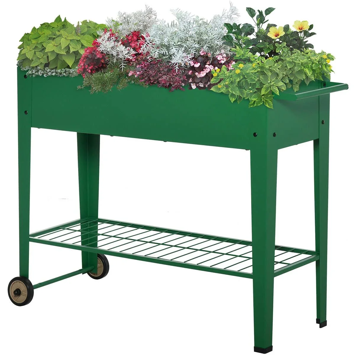 Grüner Metall-Pflanzkübel mit Rädern und Regal 104 x 39 x 80 cm - 3