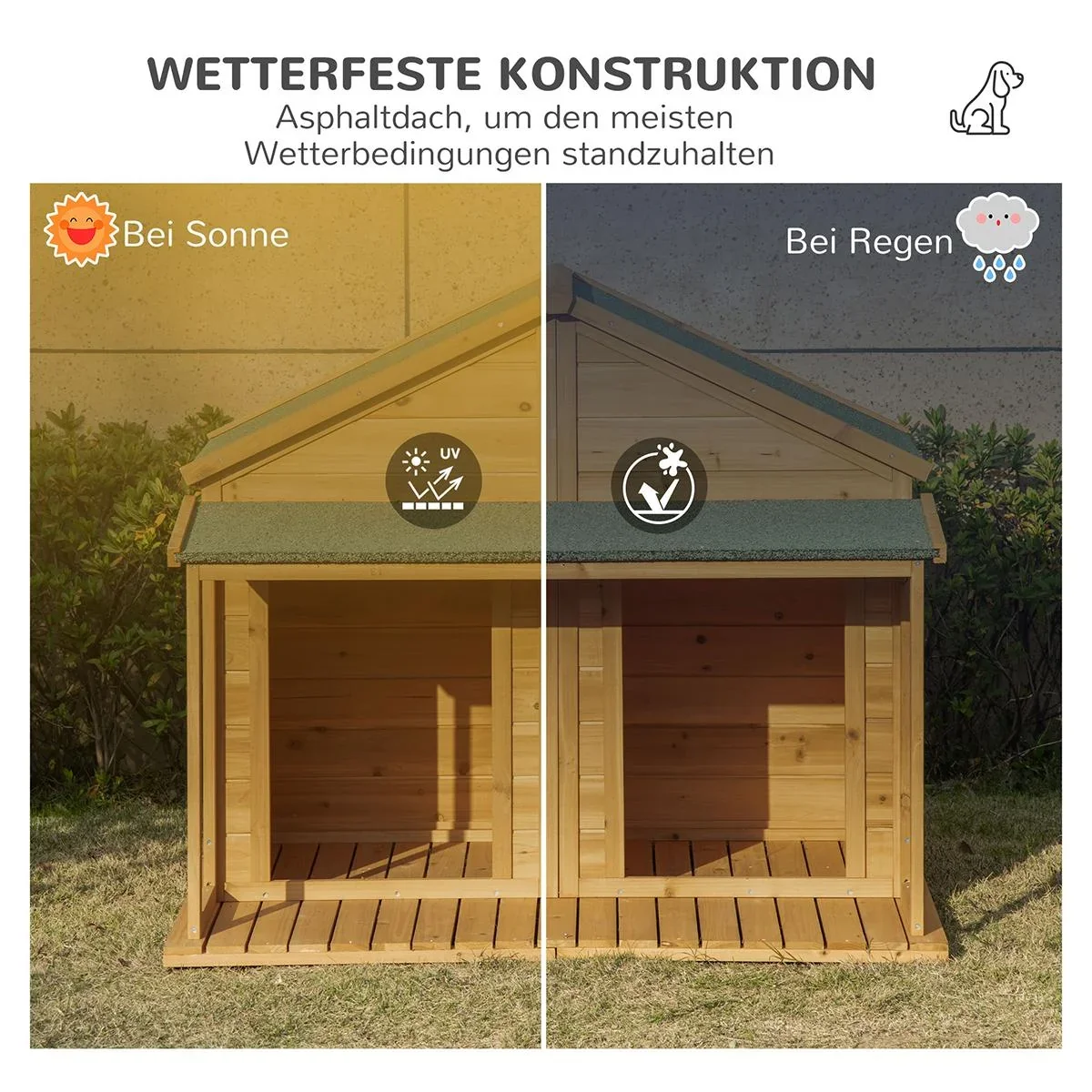 Hundehütte aus Massivholz isoliertes Hundehaus mit 2 Räume Asphaltdach Outdoor Hütte mit Terrasse Gelb+Grün 127 x 110 x - 0