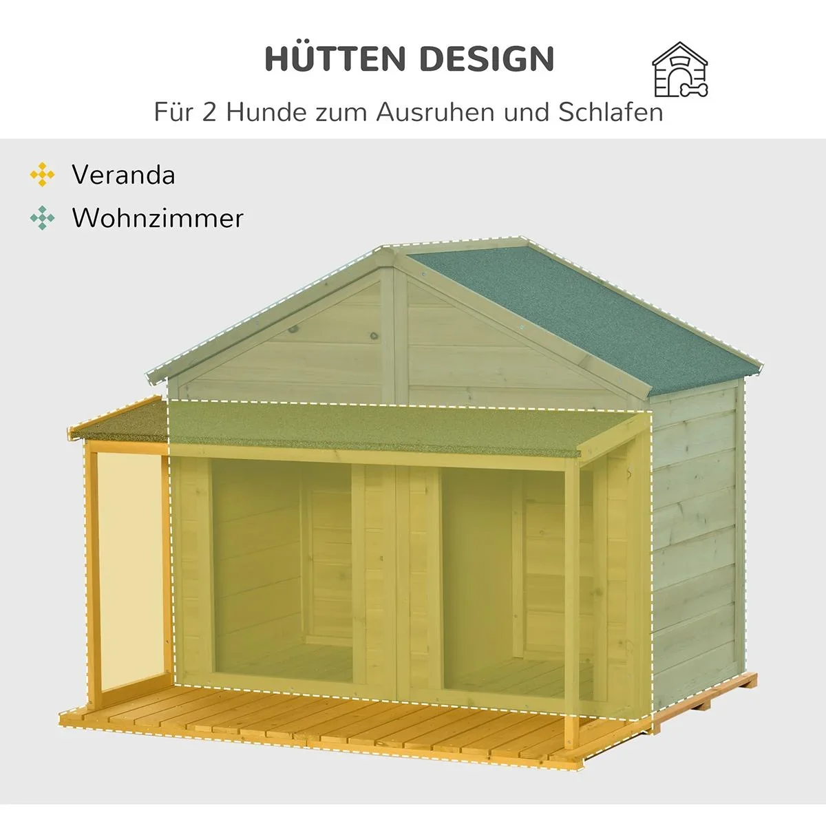 Hundehütte aus Massivholz isoliertes Hundehaus mit 2 Räume Asphaltdach Outdoor Hütte mit Terrasse Gelb+Grün 127 x 110 x - 2