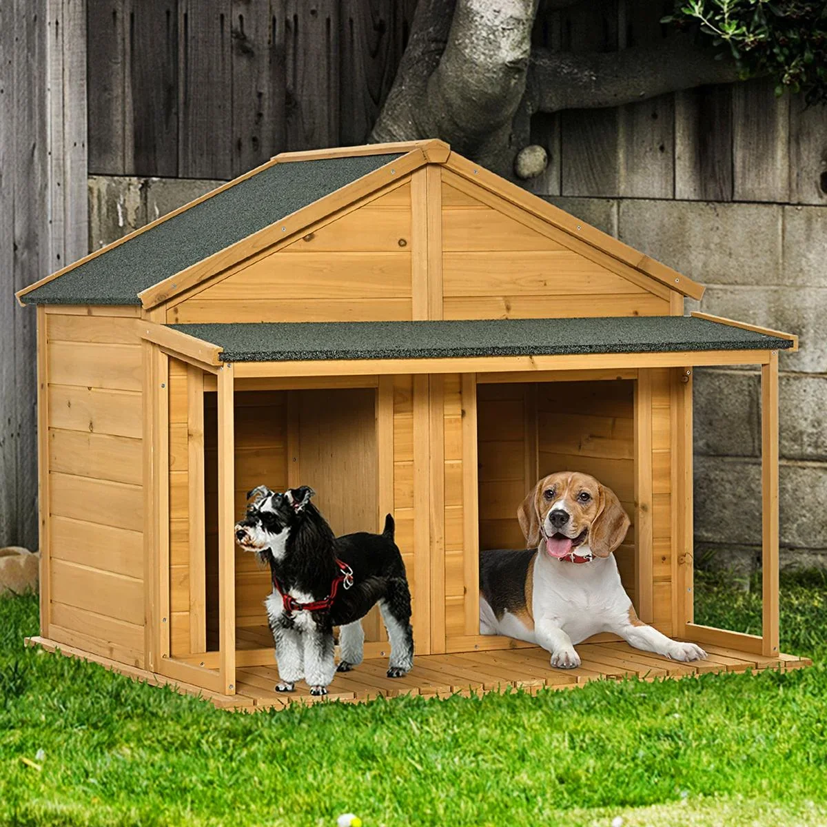 Hundehütte aus Massivholz isoliertes Hundehaus mit 2 Räume Asphaltdach Outdoor Hütte mit Terrasse Gelb+Grün 127 x 110 x - 3