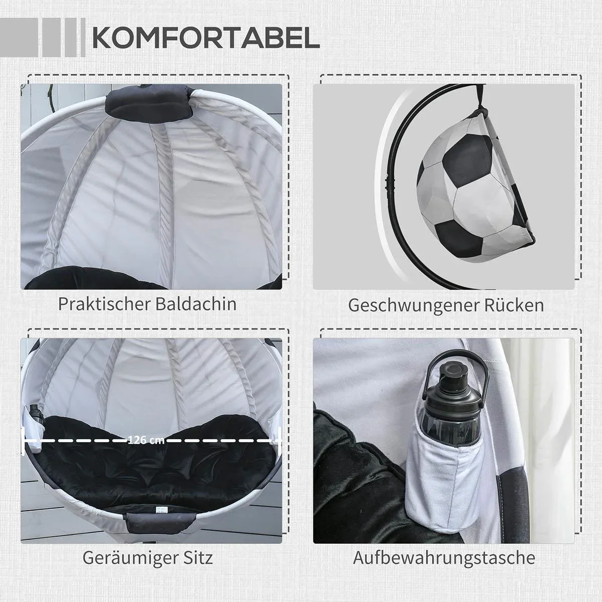 Hängesessel Hängekorb mit Gestell Fußballdesign Hängeschaukel Hängestuhl mit Kissen Korb faltbar Stahl - 3