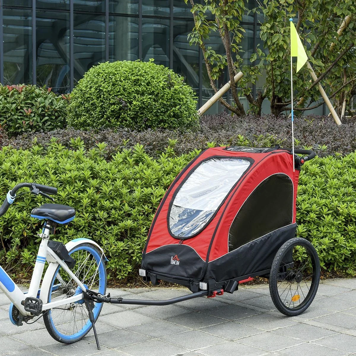 3 in 1 Kinderanhänger Aluminium Kinder Jogger Fahrradanhänger Radanhänger für 2 kinder mit Fahne Rot+Schwarz - 0