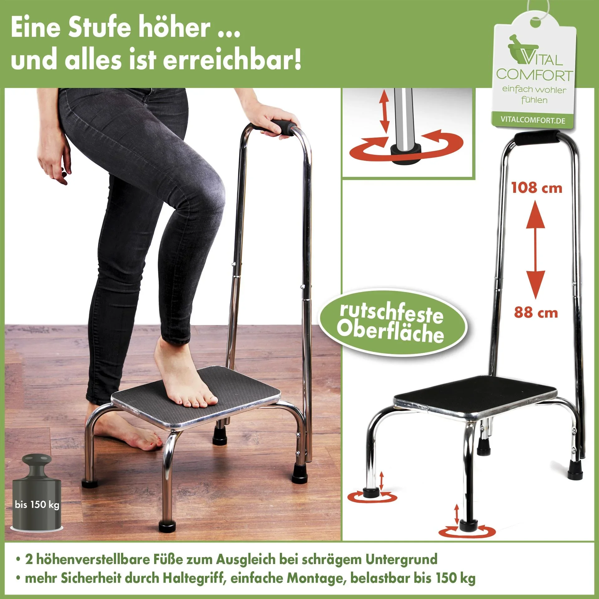 Trittstufe mit höhenverstellbarem Haltegriff, Chrom, 88-108 cm - 1