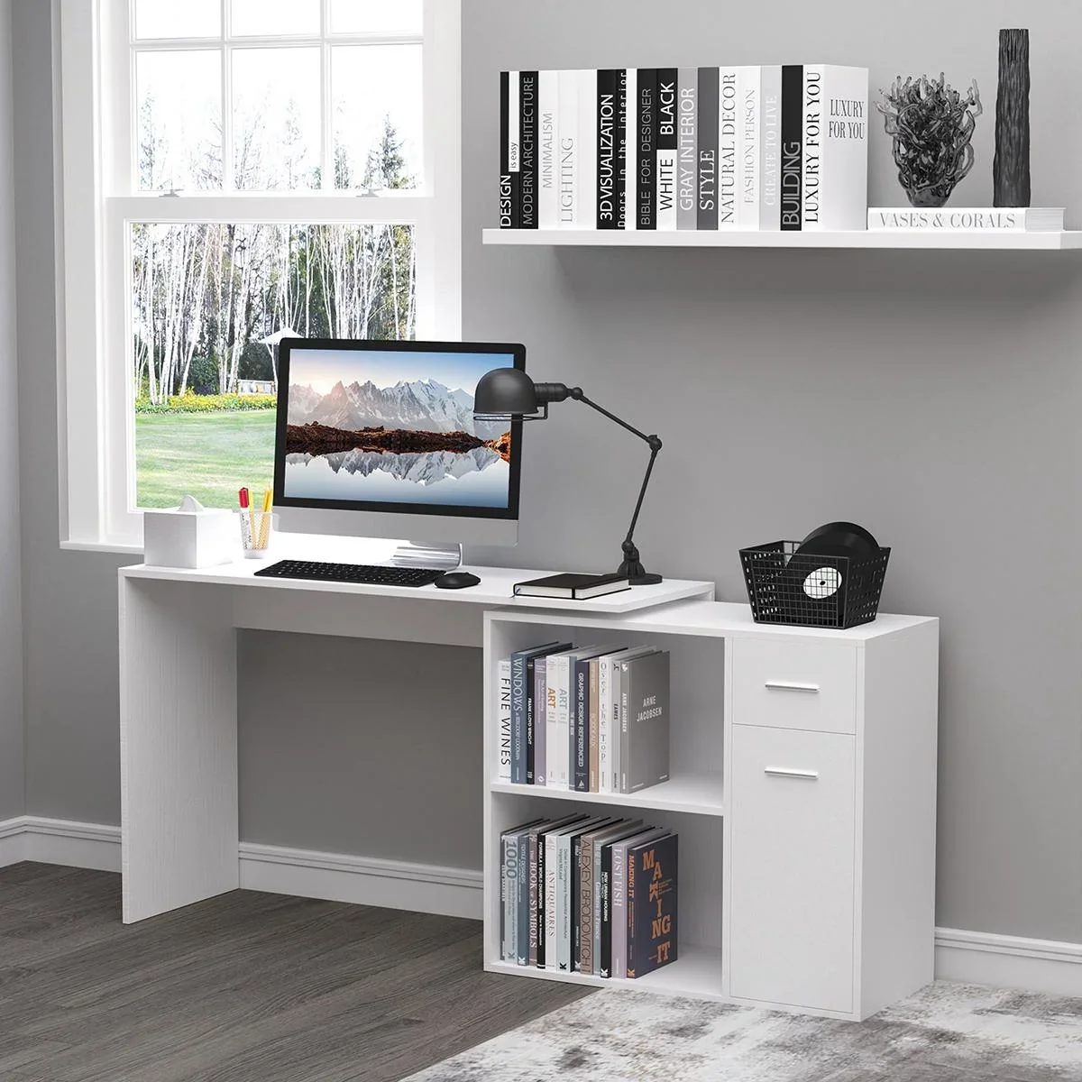 Eckschreibtisch Arbeitstisch Winkelschreibtisch PC-Tisch Computertisch Bürotisch 180-Grad-Design mit Regal und Schublade - 1