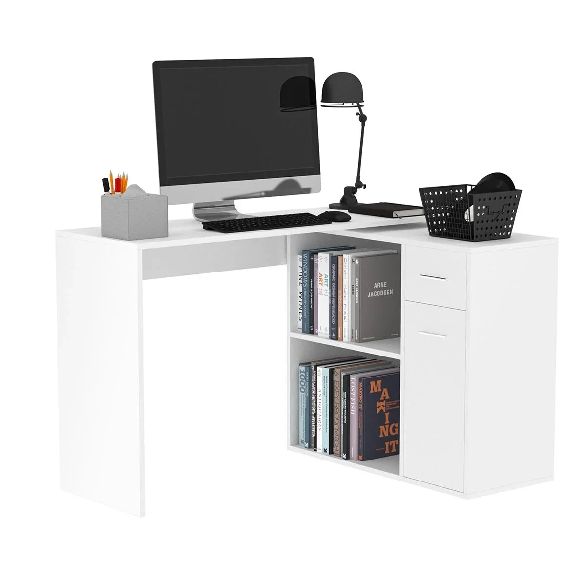 Eckschreibtisch Arbeitstisch Winkelschreibtisch PC-Tisch Computertisch Bürotisch 180-Grad-Design mit Regal und Schublade - 2