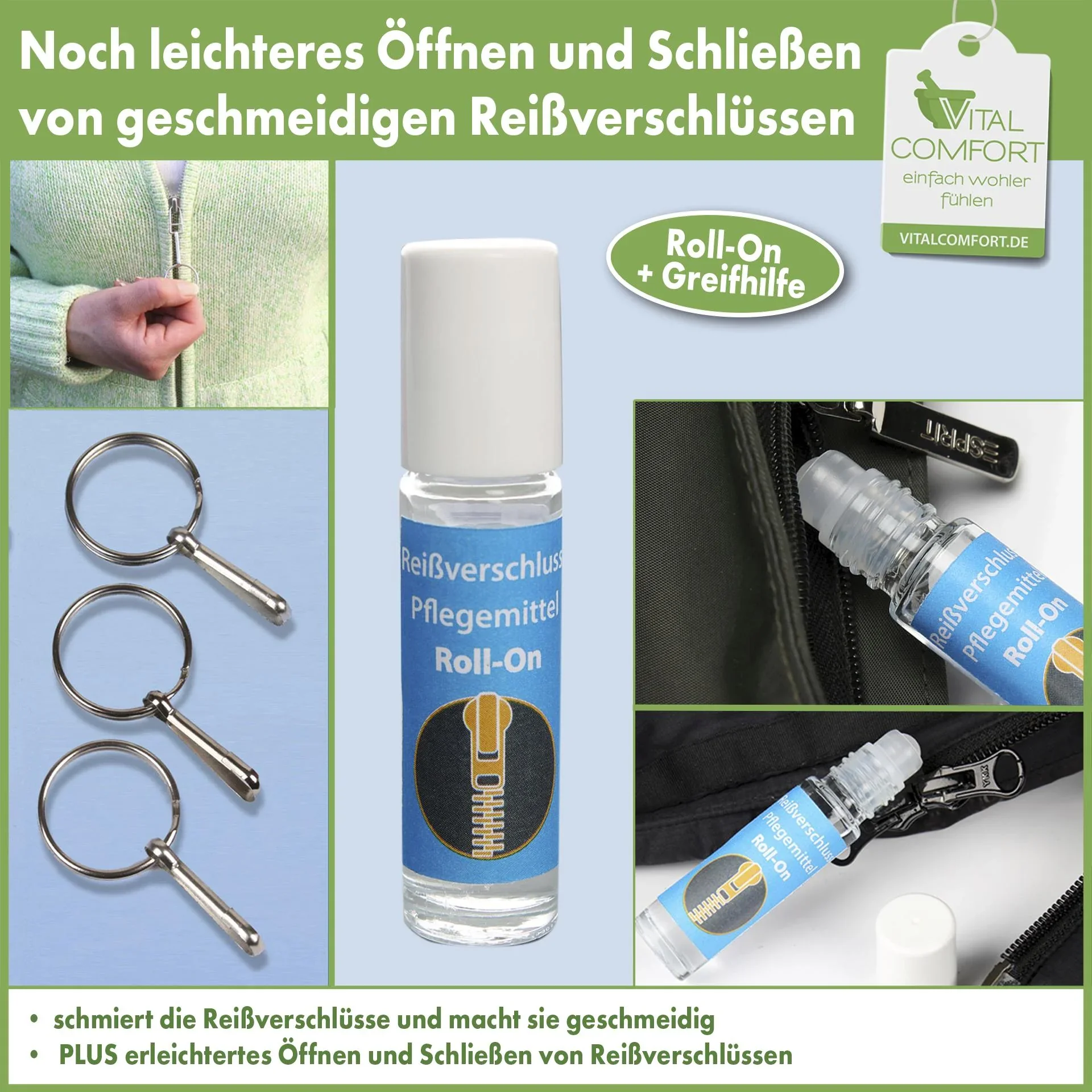 Greifhilfe für Reißverschlüsse & Reißverschluss Pflegemittel Roll-On-Set - 1