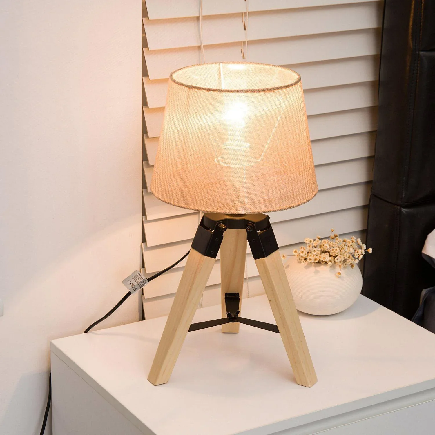 Tischlampe Dreibein Tischleuchte E27 Leinenoptik Kiefer Beige - 1