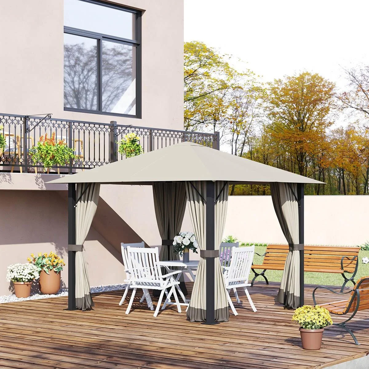 Gartenpavillon Gazebo 3 x 3 m mit Lüftungsschlitzen und 4 x Seitenteilen Wetterfest Aluminium Polyester khaki - 0