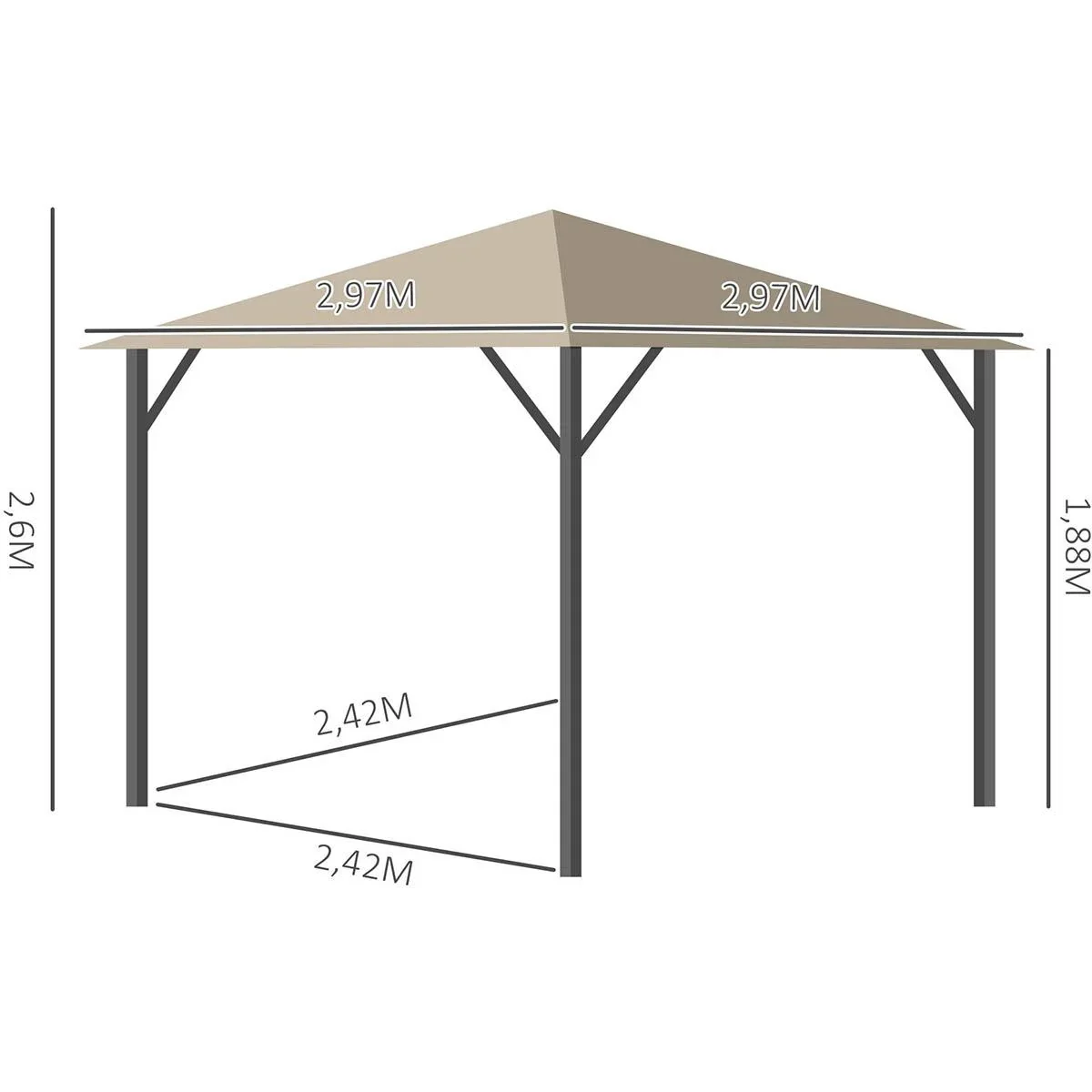 Gartenpavillon Gazebo 3 x 3 m mit Lüftungsschlitzen und 4 x Seitenteilen Wetterfest Aluminium Polyester khaki - 3