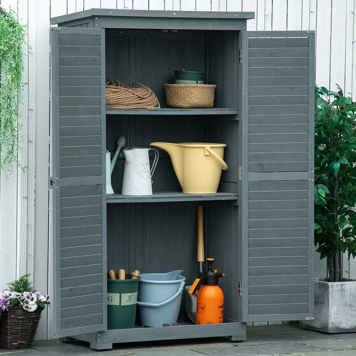 Gartenschrank Holz Gerätehaus Geräteschuppen Geräteschrank Holzhütte Pultdach Bitumenpappe Lamellentüren Grau 87 x 46,5 - 2
