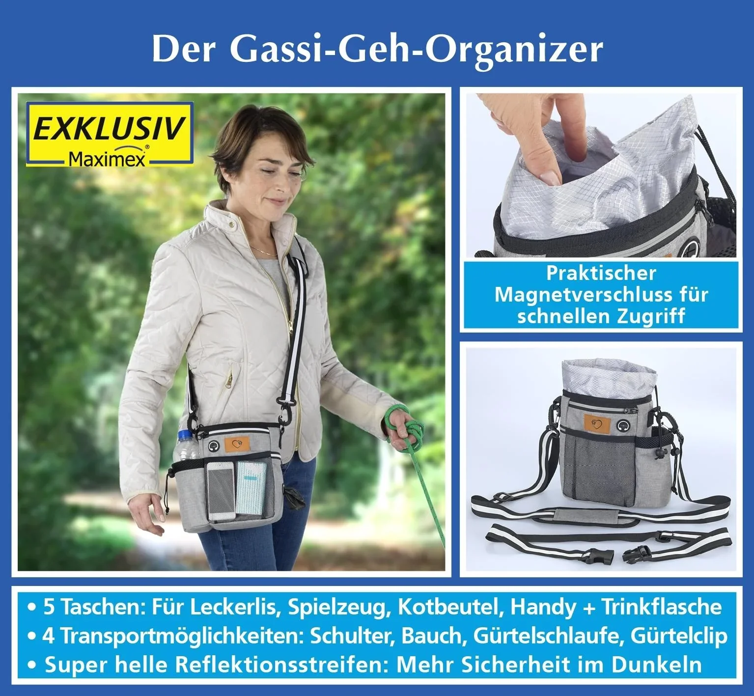 Futterbeutel "Gassi-Geh-Organizer", Umhängetasche mit Trageriehmen, Grau - 5