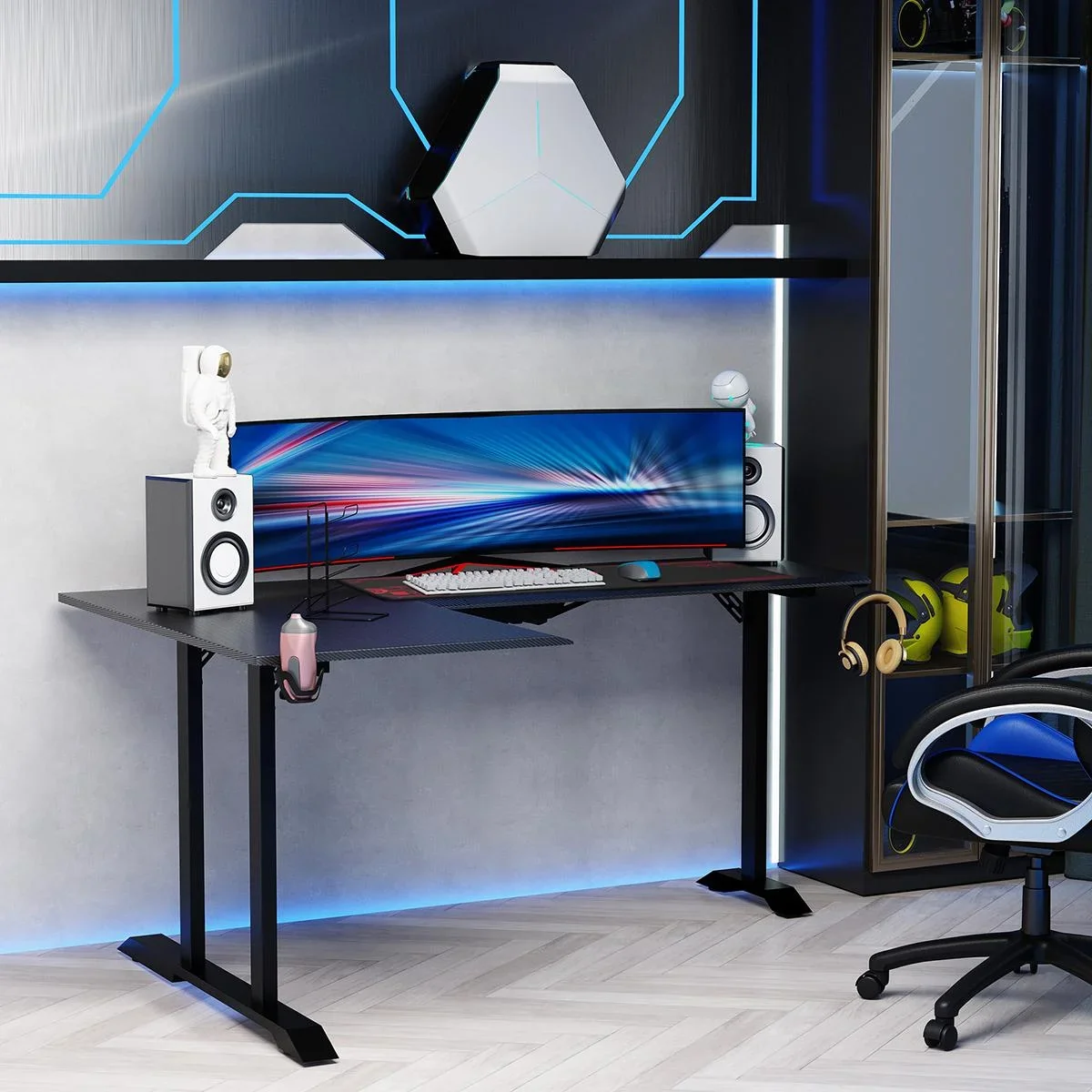 Gaming Tisch Schreibtisch L-förmige mit Kopfhörerhaken Getränkehalterung Computertisch MDF Metall Schwarz+Rot 168 x 109 - 1