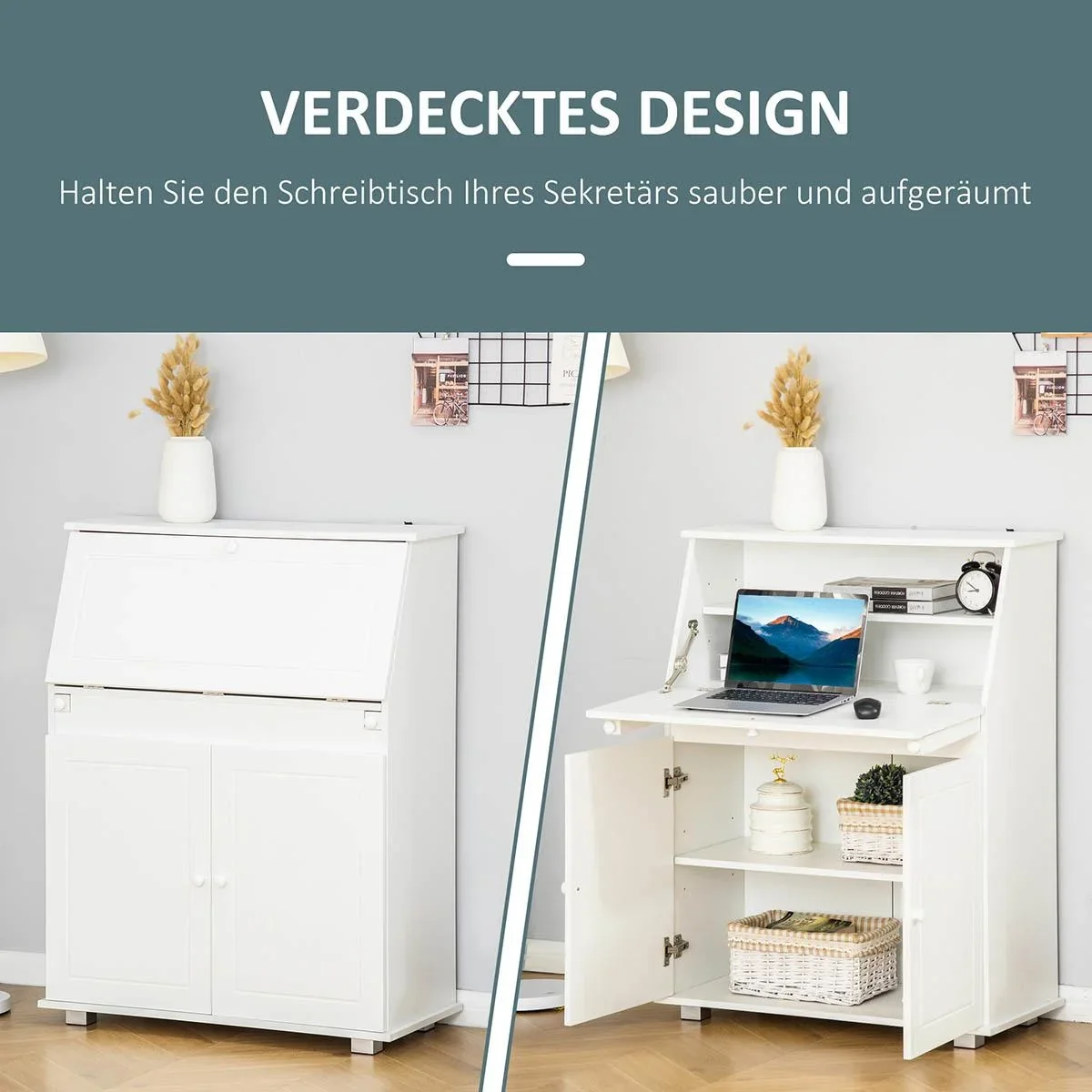 Sekretär Schreibtisch Kommode Schreibkommode Klappensekretär platzsparender Computertisch mit Schrank Weiß 82 x 38,5 x 1 - 1