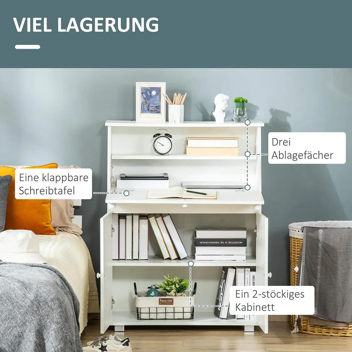 Sekretär Schreibtisch Kommode Schreibkommode Klappensekretär platzsparender Computertisch mit Schrank Weiß 82 x 38,5 x 1 - 2