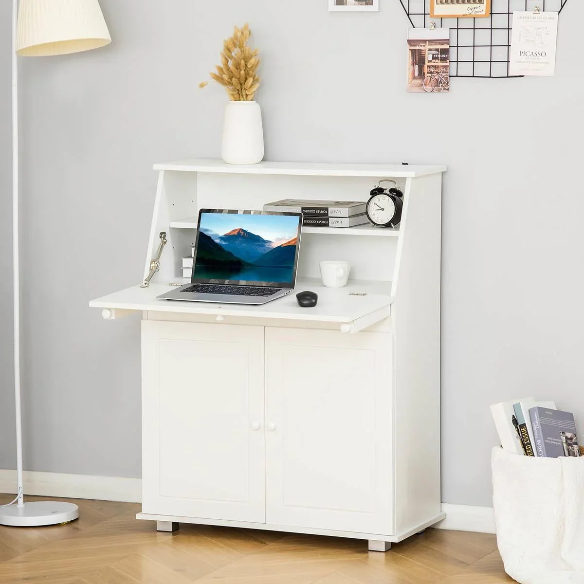 Sekretär Schreibtisch Kommode Schreibkommode Klappensekretär platzsparender Computertisch mit Schrank Weiß 82 x 38,5 x 1 - 3