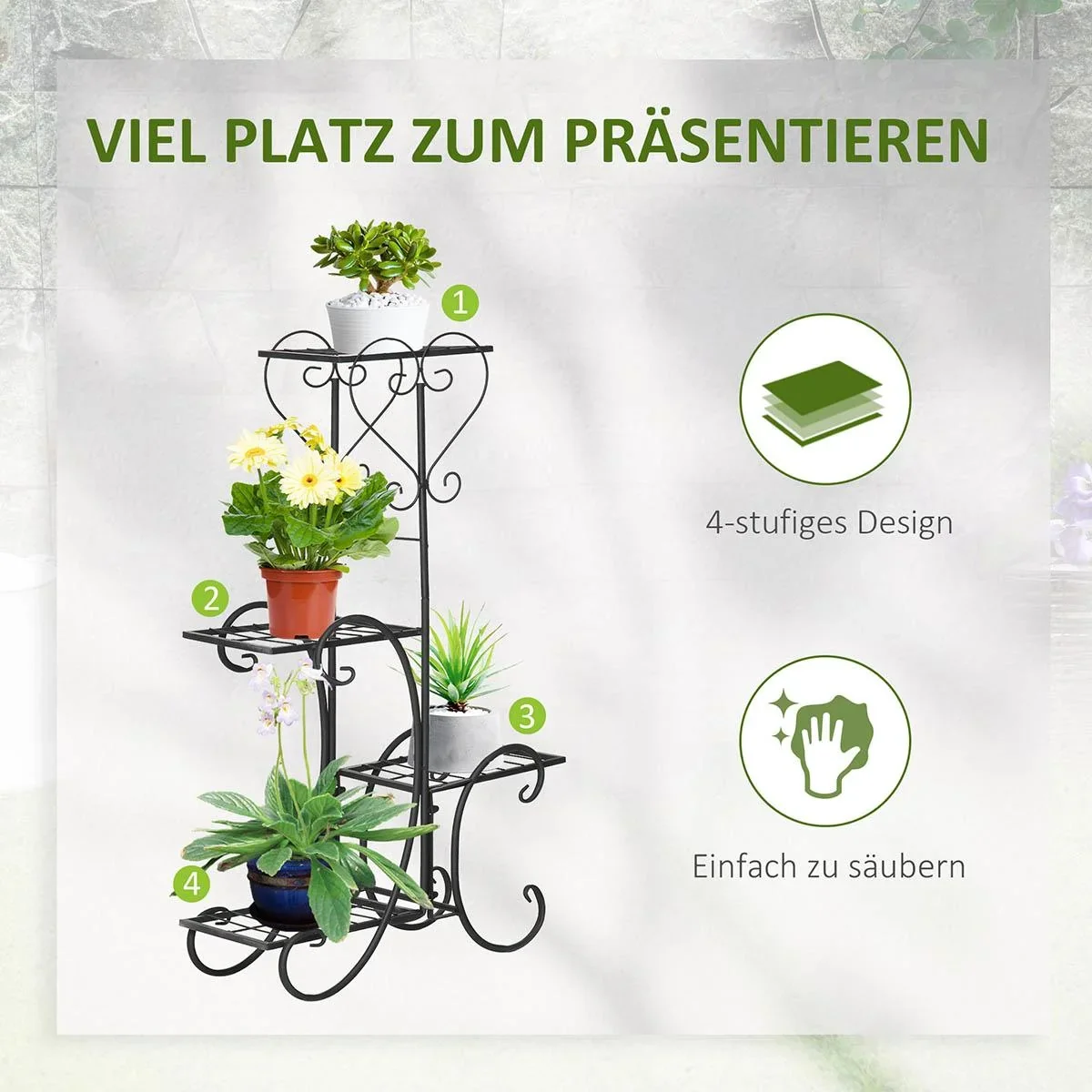Blumenregal aus Metall 4 Ebenen Pflanzenregal für innen und außen Garten Balkon Schwarz 45 x 24,5 x 80 cm - 0