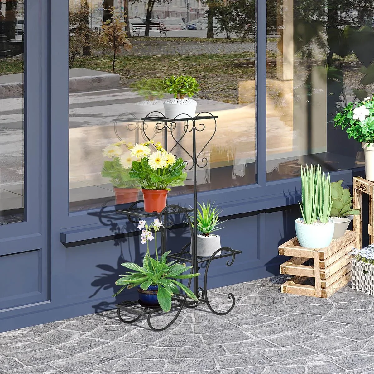 Blumenregal aus Metall 4 Ebenen Pflanzenregal für innen und außen Garten Balkon Schwarz 45 x 24,5 x 80 cm - 1