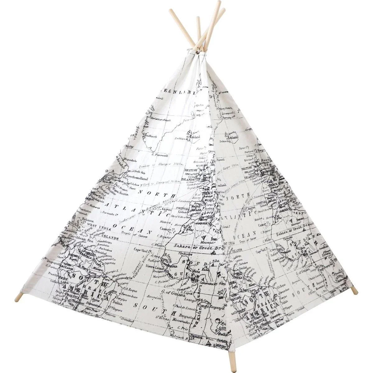 Weltkarte Tipi-Zelt | Schwarz und Weiß | Wigwam Spielzelt|100% Baumwolle|120x120x160cm - 0
