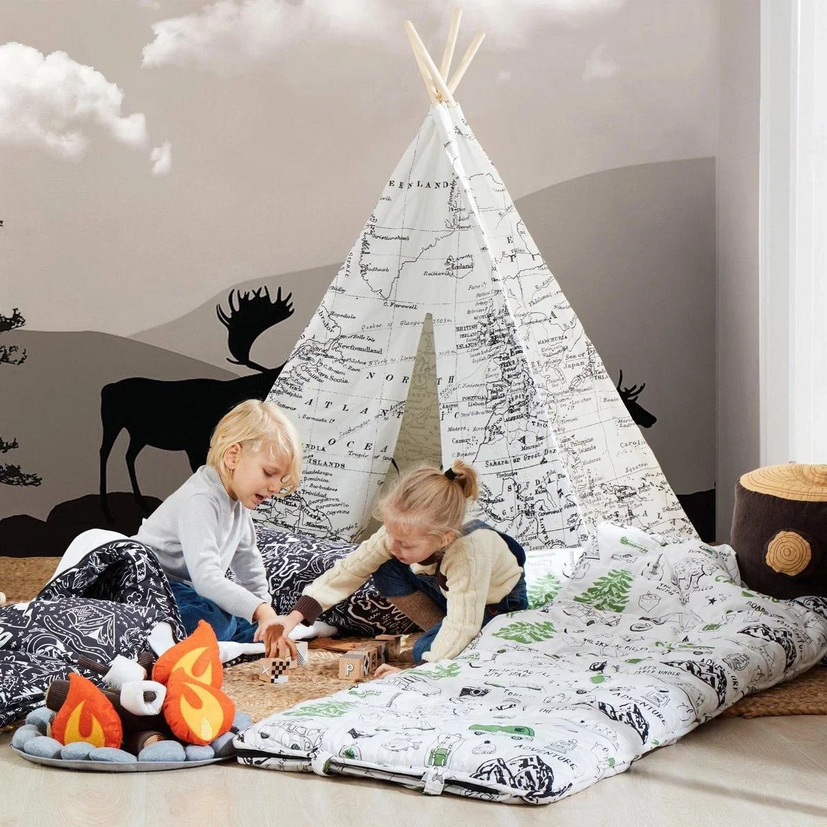 Weltkarte Tipi-Zelt | Schwarz und Weiß | Wigwam Spielzelt|100% Baumwolle|120x120x160cm - 3