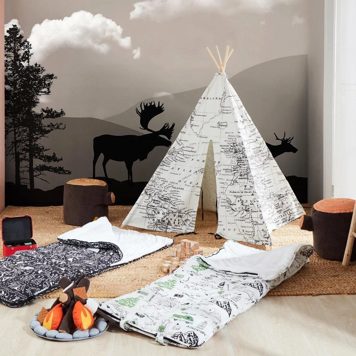 Weltkarte Tipi-Zelt | Schwarz und Weiß | Wigwam Spielzelt|100% Baumwolle|120x120x160cm - 4