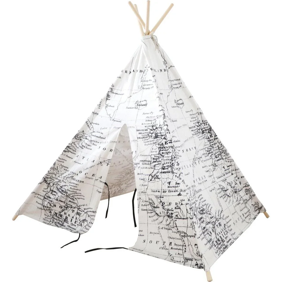 Weltkarte Tipi-Zelt | Schwarz und Weiß | Wigwam Spielzelt|100% Baumwolle|120x120x160cm - 5