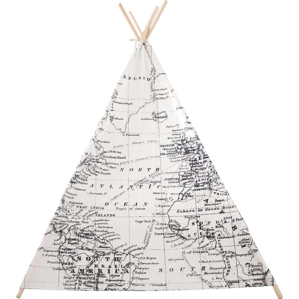 Weltkarte Tipi-Zelt | Schwarz und Weiß | Wigwam Spielzelt|100% Baumwolle|120x120x160cm - 6