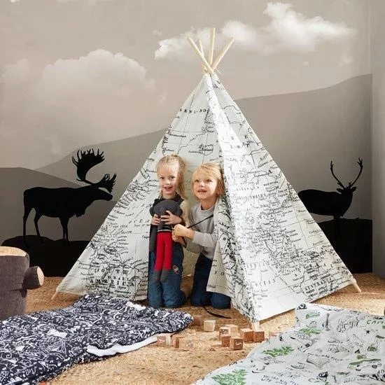Weltkarte Tipi-Zelt | Schwarz und Weiß | Wigwam Spielzelt|100% Baumwolle|120x120x160cm - 7