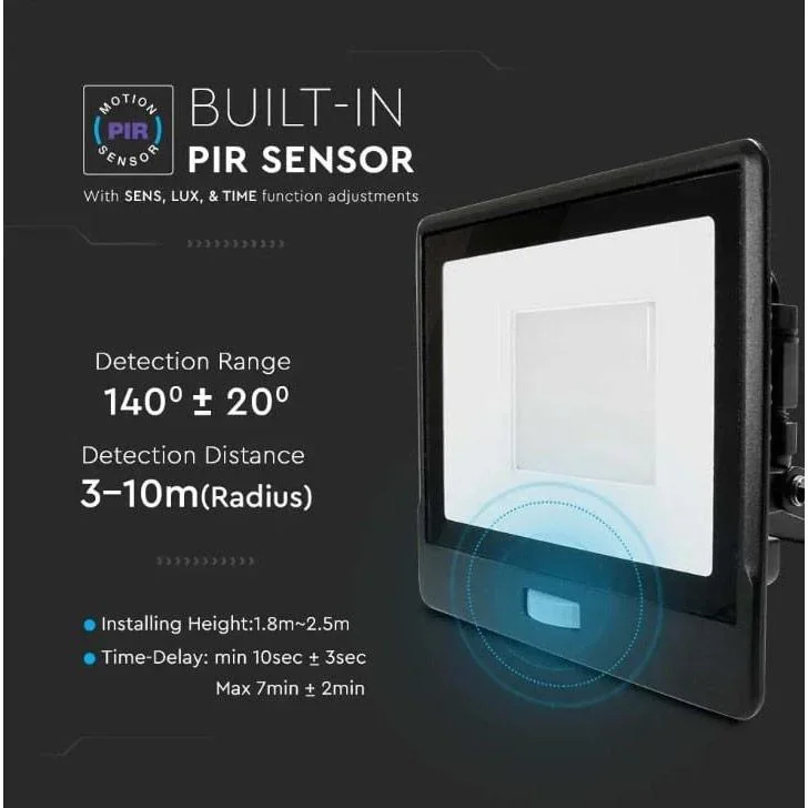 VT-158S LED-Flutlicht mit Sensor - 50 W - 4000 Lm - 3000K - Schwarz - 7