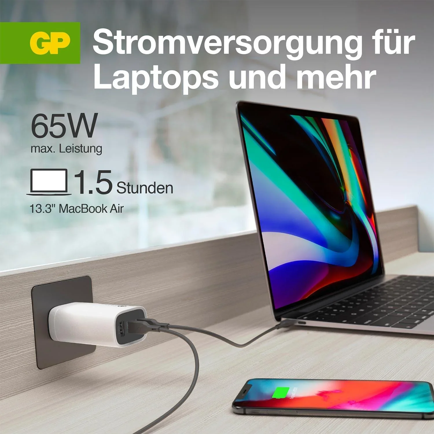USB Schnellladeadapter mit 1 x USB-A und 2 x USB-C Anschluss inkl. Welt-Reiseadapter und USB-C Ladekabel, max. 65 Watt - 0