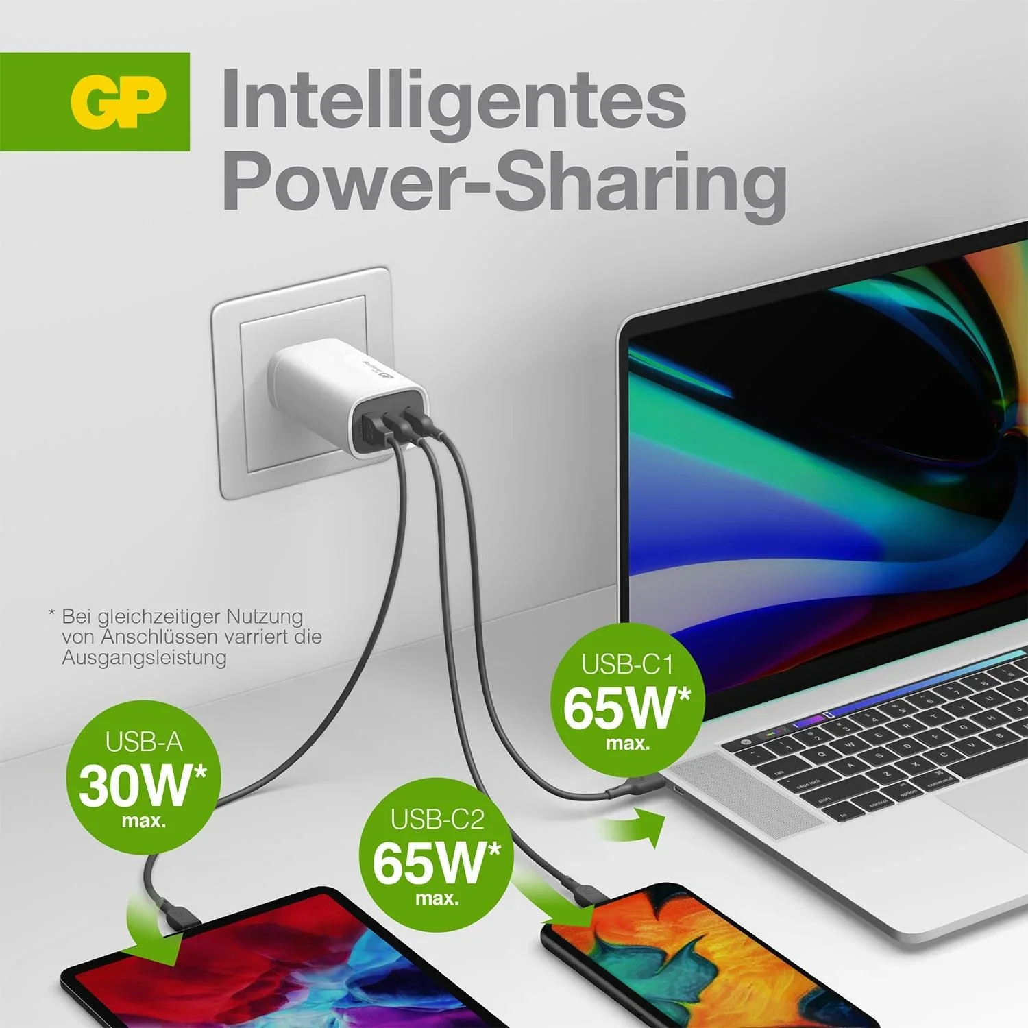 USB Schnellladeadapter mit 1 x USB-A und 2 x USB-C Anschluss inkl. Welt-Reiseadapter und USB-C Ladekabel, max. 65 Watt - 3