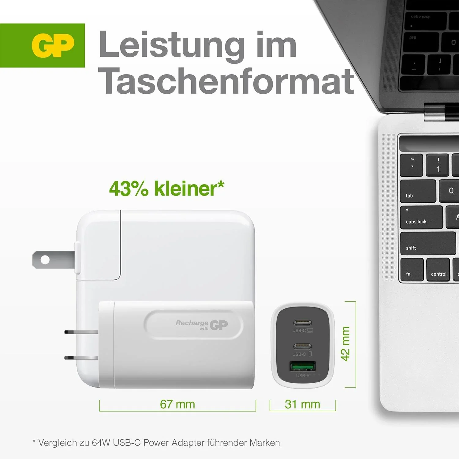USB Schnellladeadapter mit 1 x USB-A und 2 x USB-C Anschluss inkl. Welt-Reiseadapter und USB-C Ladekabel, max. 65 Watt - 10