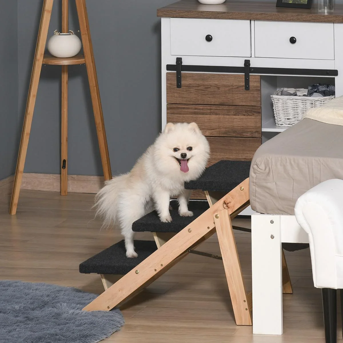 Haustiertreppe 2-in1 Hunderampe Katzentreppe Hundetreppe Faltbar Tiertreppe Kiefernholz Natur+Schwarz 60 x 47 x 50 cm - 0