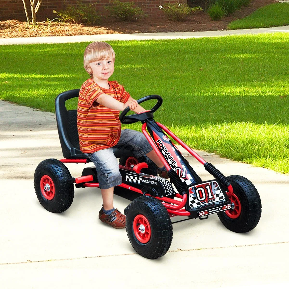 Go Kart Kinderfahrzeug Tretauto mit Pedal Bremsen für 3-8 Jahre Gummiräder Stahl Rot+Schwarz 101 x 61 x 62 cm - 0