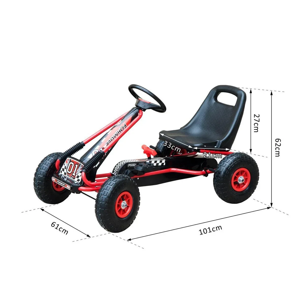 Go Kart Kinderfahrzeug Tretauto mit Pedal Bremsen für 3-8 Jahre Gummiräder Stahl Rot+Schwarz 101 x 61 x 62 cm - 2