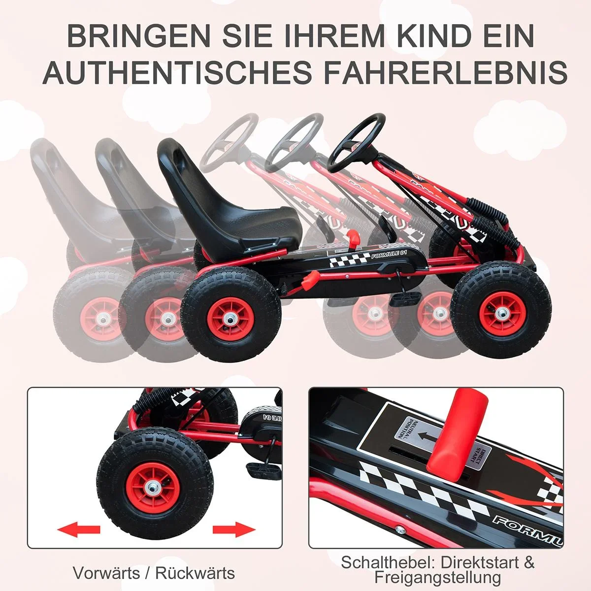 Go Kart Kinderfahrzeug Tretauto mit Pedal Bremsen für 3-8 Jahre Gummiräder Stahl Rot+Schwarz 101 x 61 x 62 cm - 3