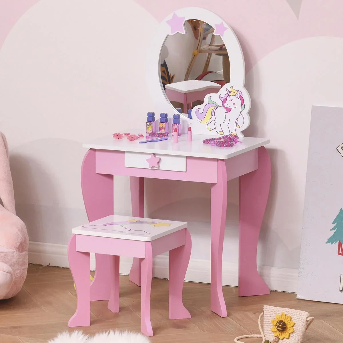 2-Set Kinderschminktisch mit Hocker Frisiertisch Frisierkommode mit Schublade Spiegel für 3-8 Jahre MDF Akryl Rosa+Weiß - 0