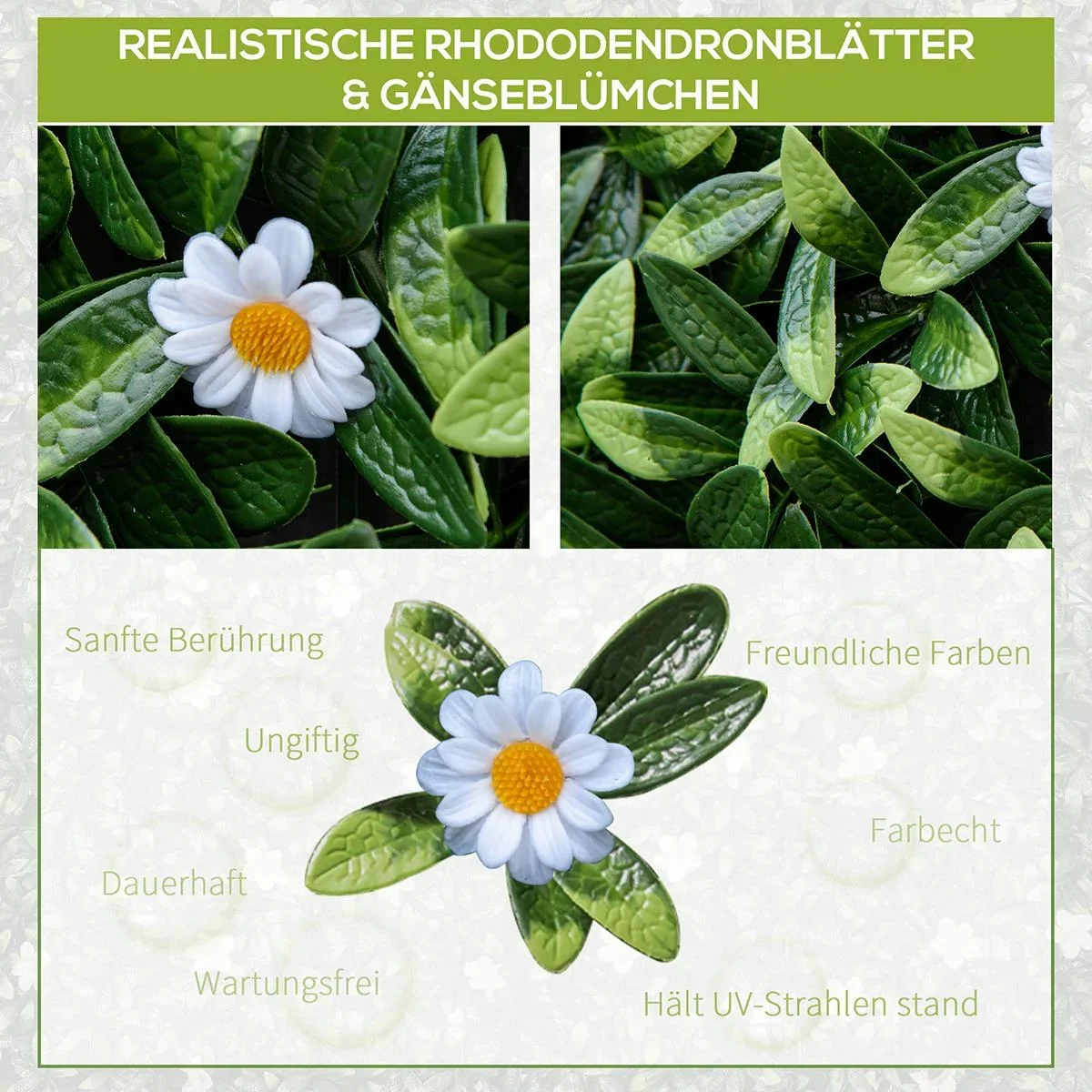 12 Stück künstliches Pflanzenwand Hecke 50x50 cm UV-Schutz Sichtschutz Rhododendronblätter Design Heckenpflanze für Gart - 3
