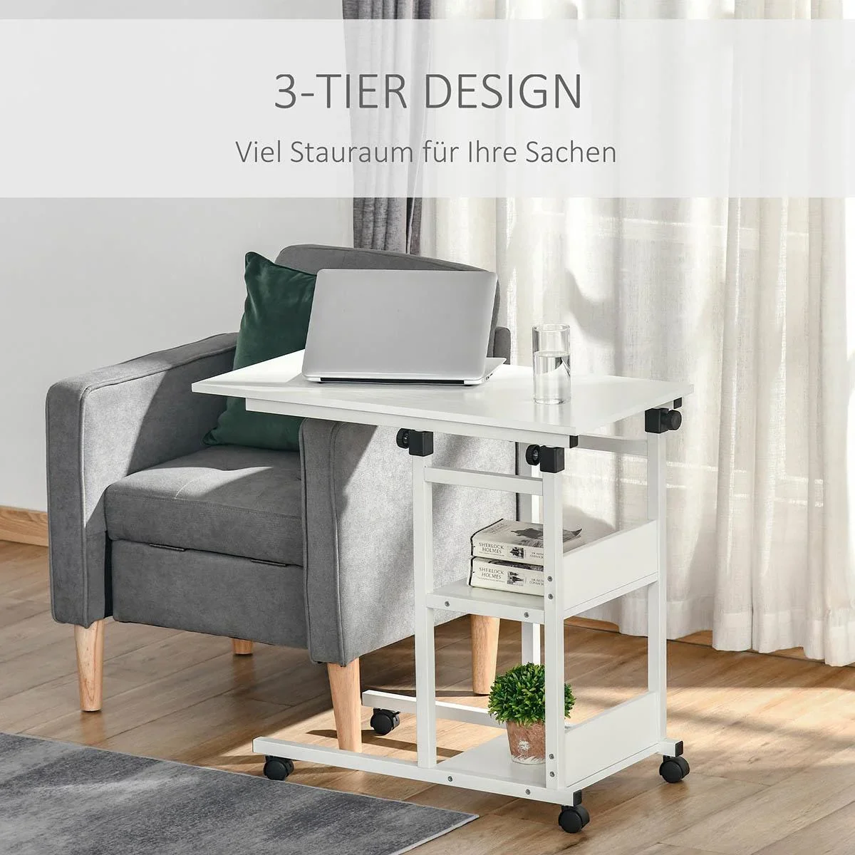 Beistelltisch Couchtisch mit Rollen, Nachttisch für Esszimmer Wohnzimmer, höhenverstellbar, 2 untere Regale, E1 Spanplat - 2