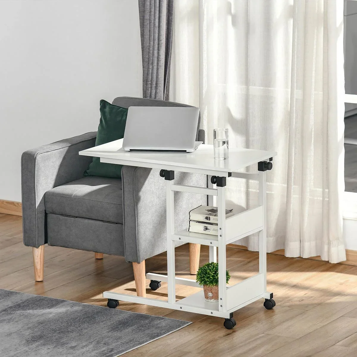 Beistelltisch Couchtisch mit Rollen, Nachttisch für Esszimmer Wohnzimmer, höhenverstellbar, 2 untere Regale, E1 Spanplat - 3