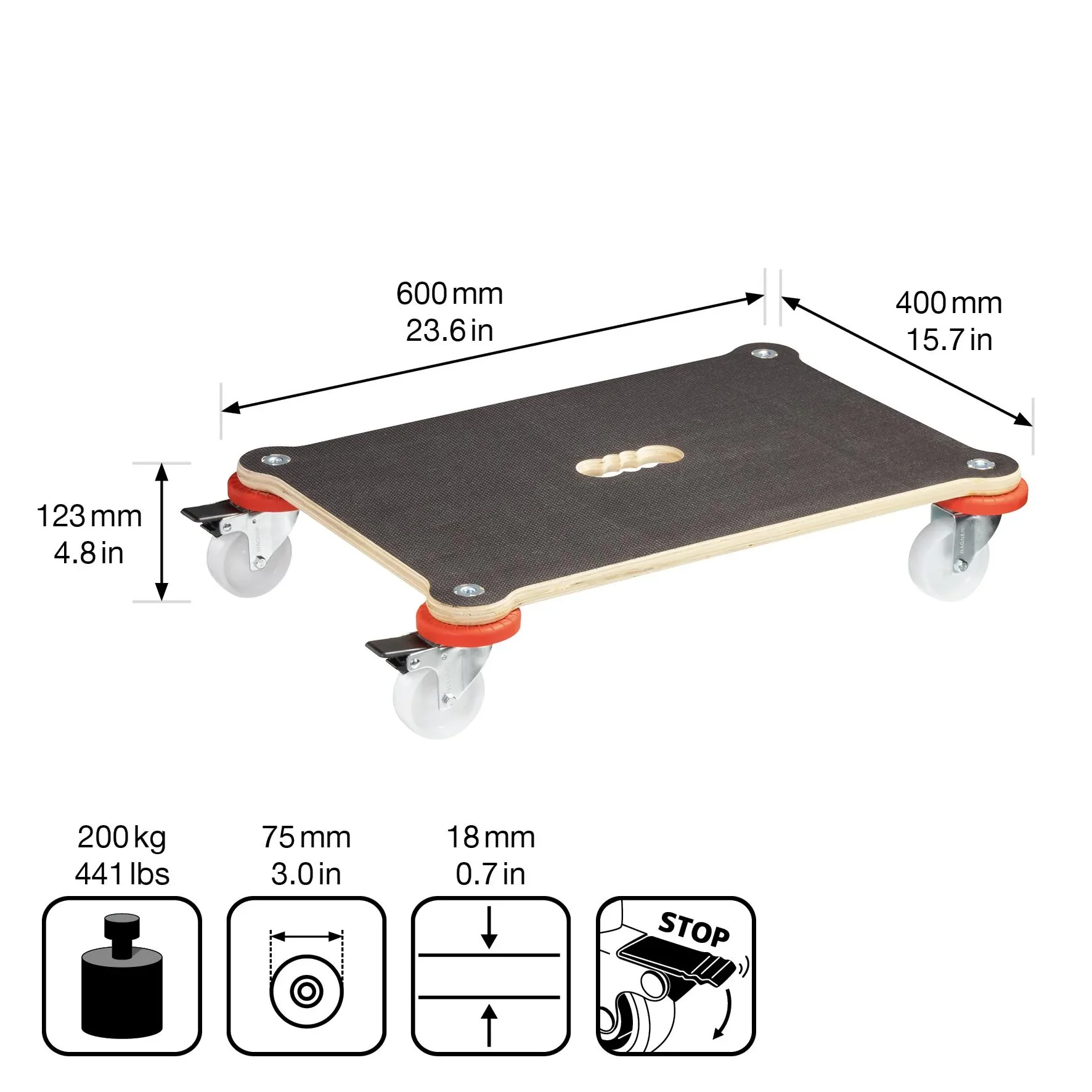 Transporthilfe MM 1370, 60 x 40 x 12,5 cm, harte Rollen Ø 75 mm, Gleitlager, 2 Bremsen, Platte FSC®, Tragkraft 200 kg - 2