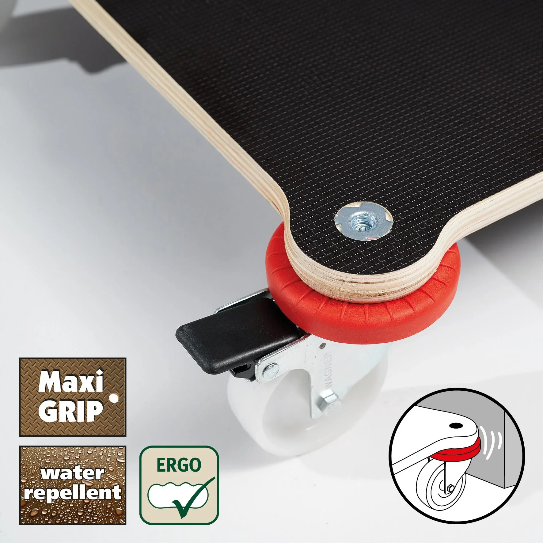 Transporthilfe MM 1370, 60 x 40 x 12,5 cm, harte Rollen Ø 75 mm, Gleitlager, 2 Bremsen, Platte FSC®, Tragkraft 200 kg - 7