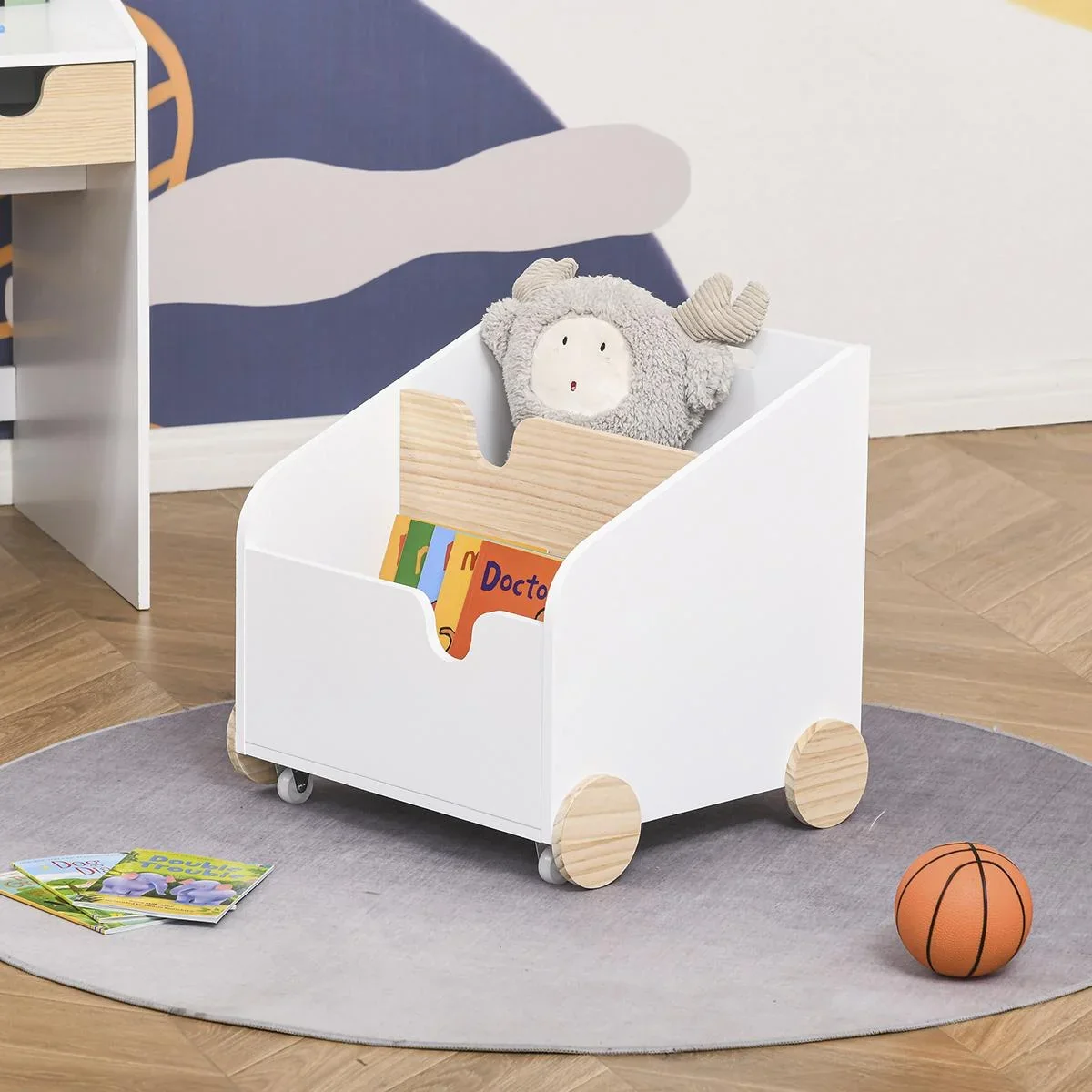 Kinderbücherregal mit Räder Bücherregal für Kinder Aufbewahrungsregal Spielzeugregal mit großem Stauraum MDF Kiefernholz - 2