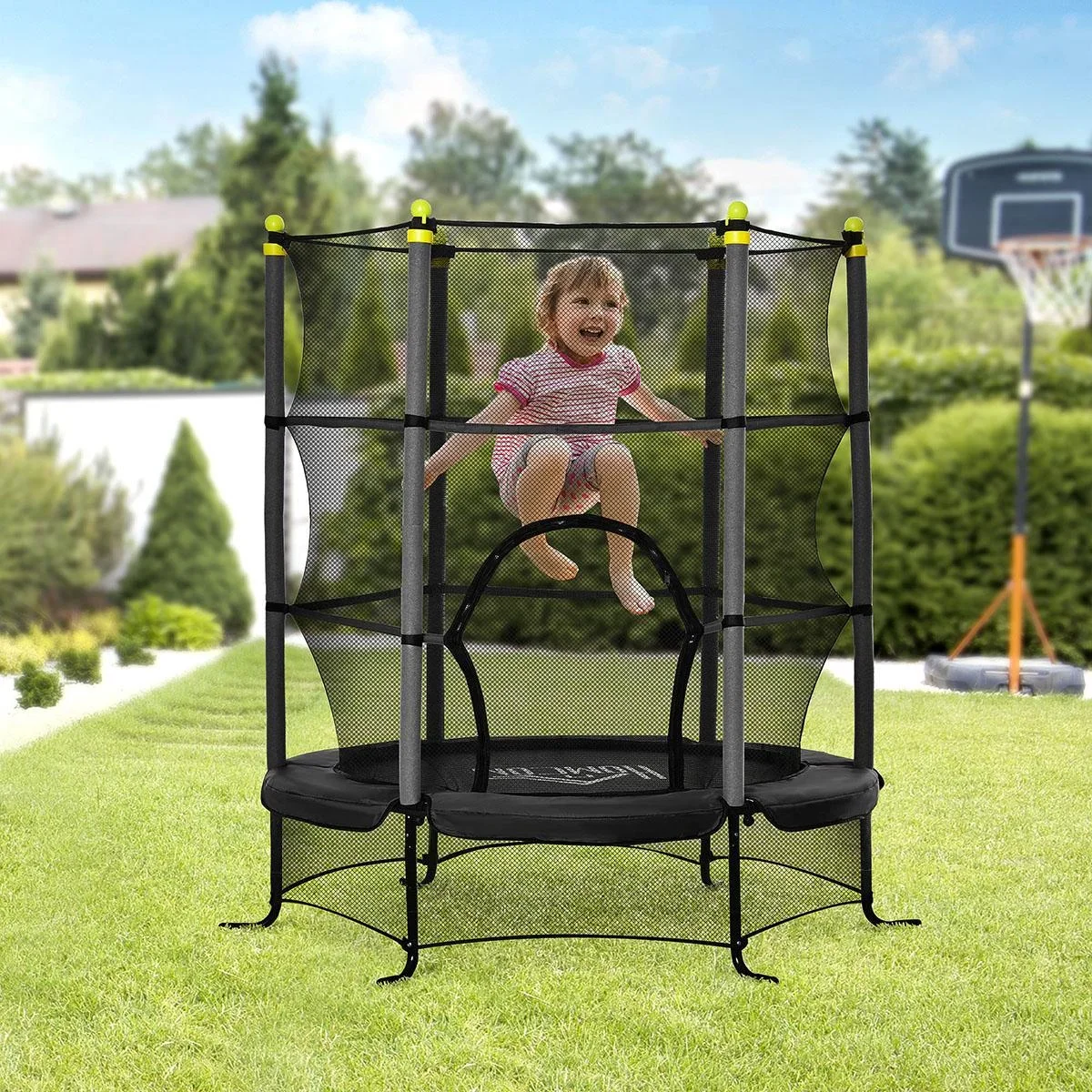 Trampolin für Kinder mit Sicherheitsnetz Randabdeckung Gummiseil gepolstert Stahl Schwarz Ø163 cm bis 45 kg - 3