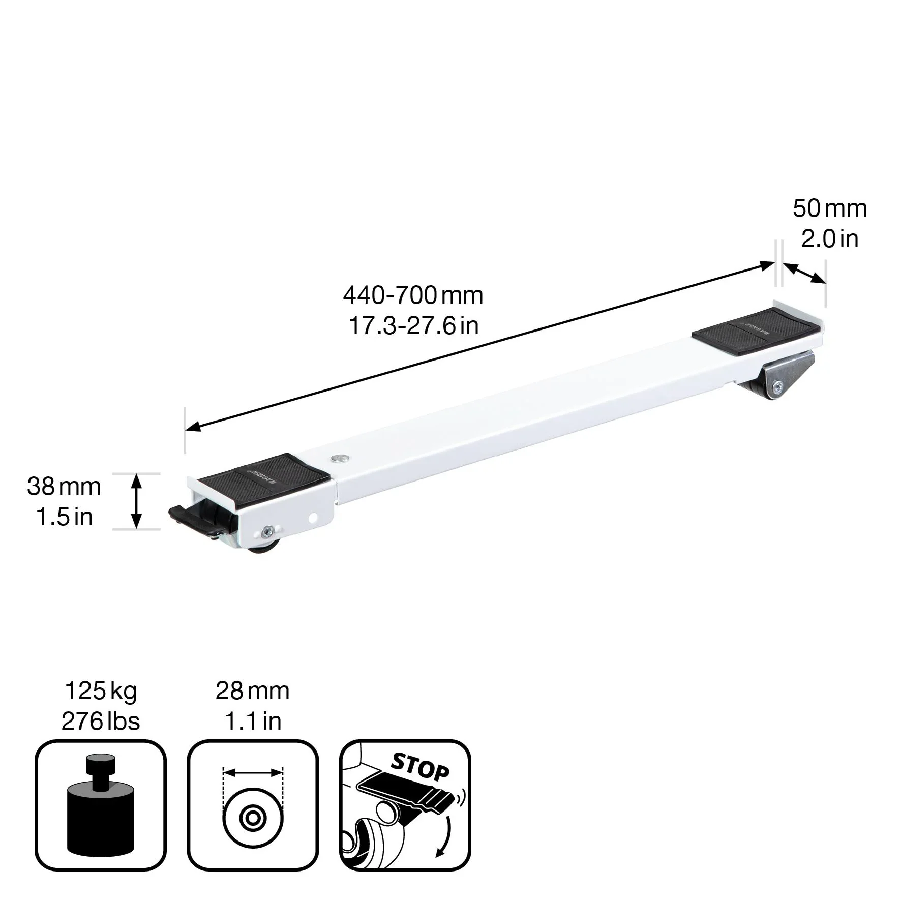 Transportschiene MM 1198 2 teilig, 45-70 cm, ausziehbar, 3 Lenk- & 3 Bockrollen Ø 30 mm, Feststeller, Tragkraft 125 kg - 6