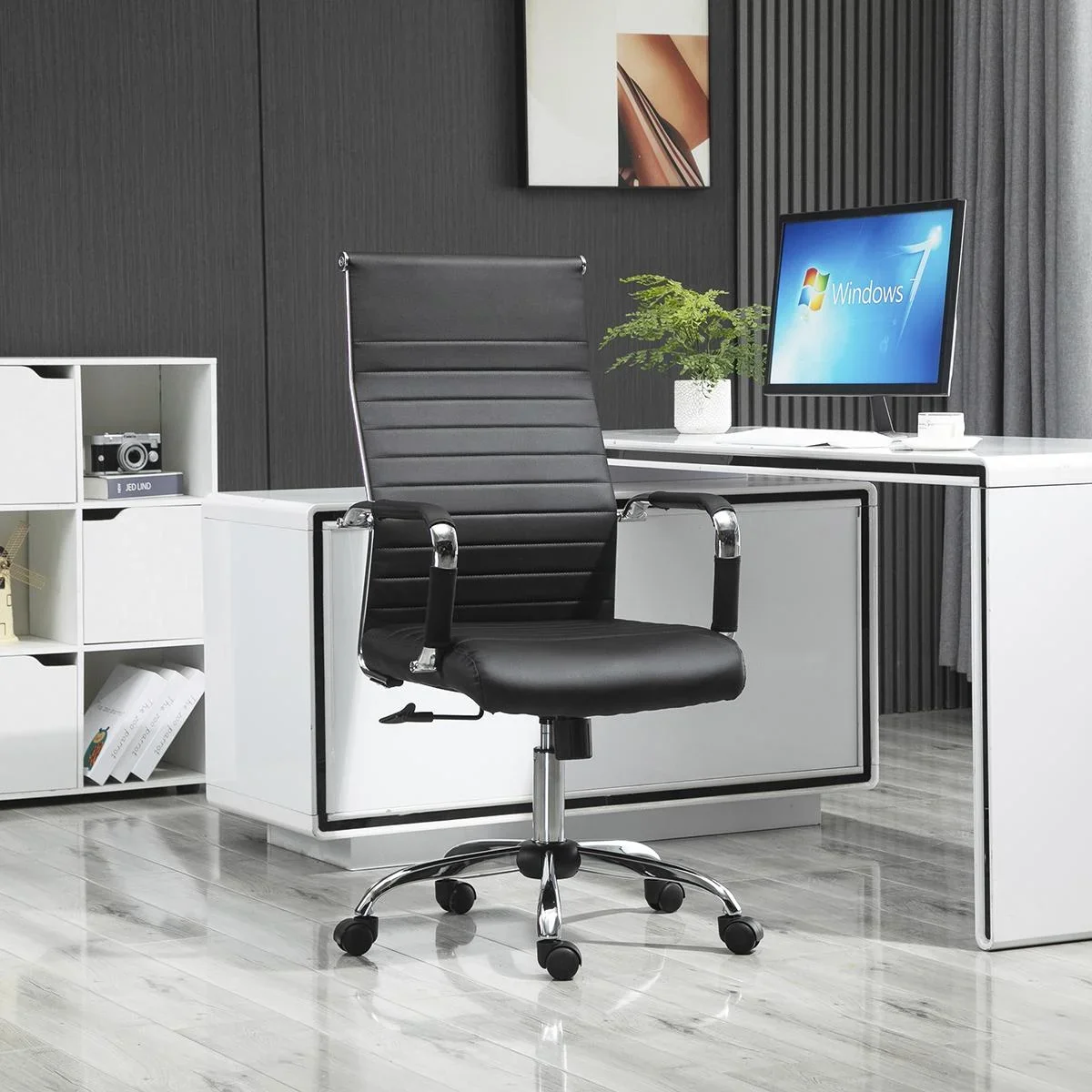 Bürostuhl Gaming Drehstuhl Chefsessel Wippfunktion höhenverstellbar gepolstert ergonomisch PU-Leder Schaumstoff Schwarz - 2