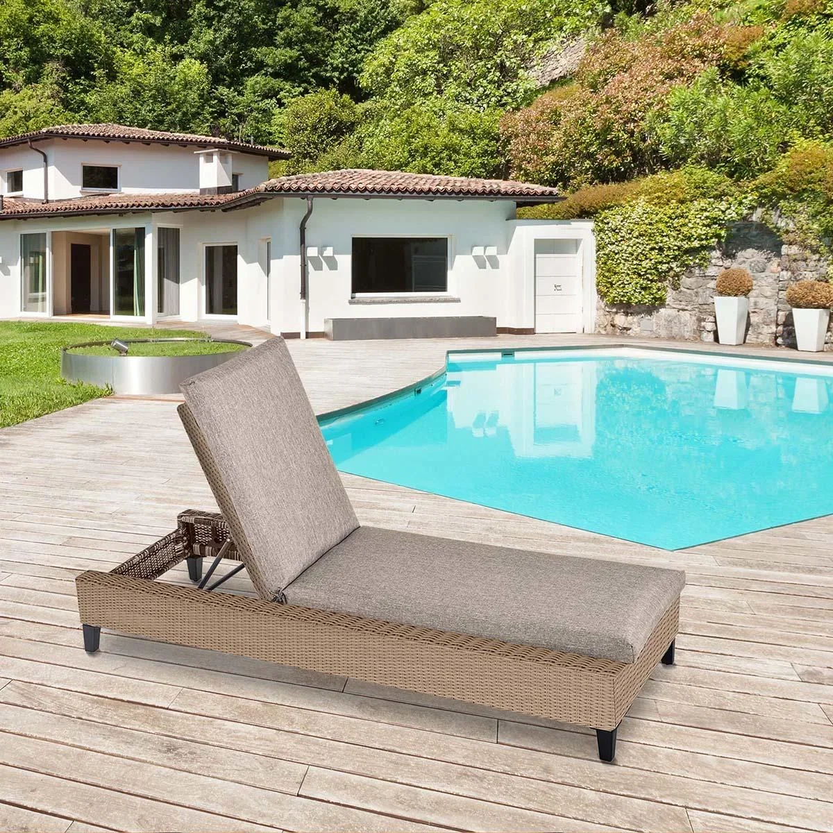 Polyrattan Gartenliege mit Kissen Sonnenliege 5-stufig verstellbar Rattanliege Gartenmöbel Liege Stahl Khaki 72 x 198 x - 0