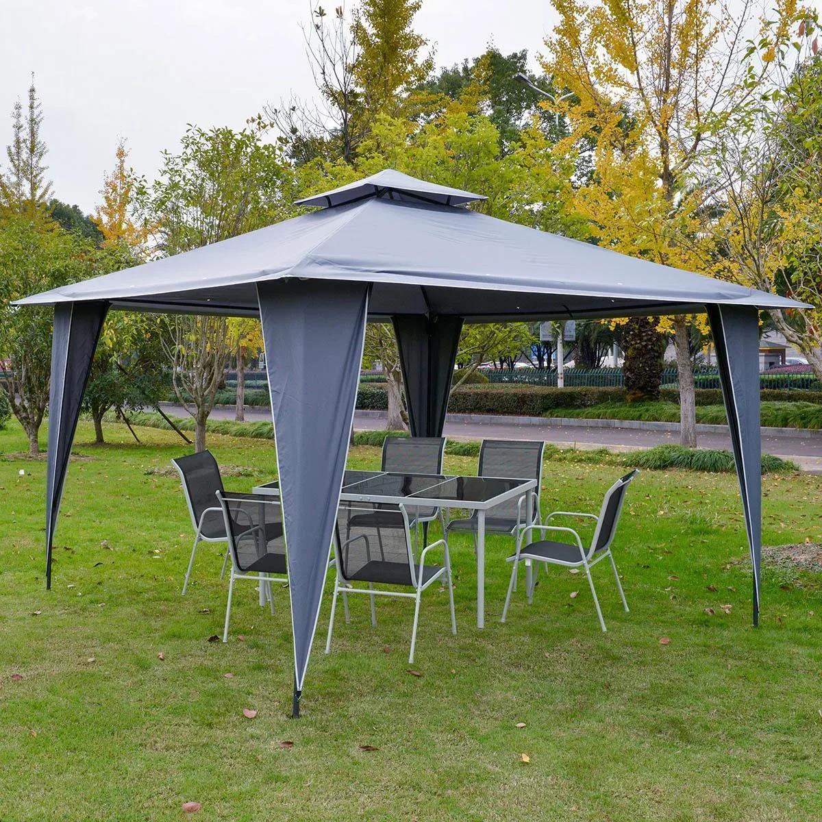 Pavillon mit Doppeldach, Metallrahmen, grau, 3,5 x 3,5 x 2,7 m - 1