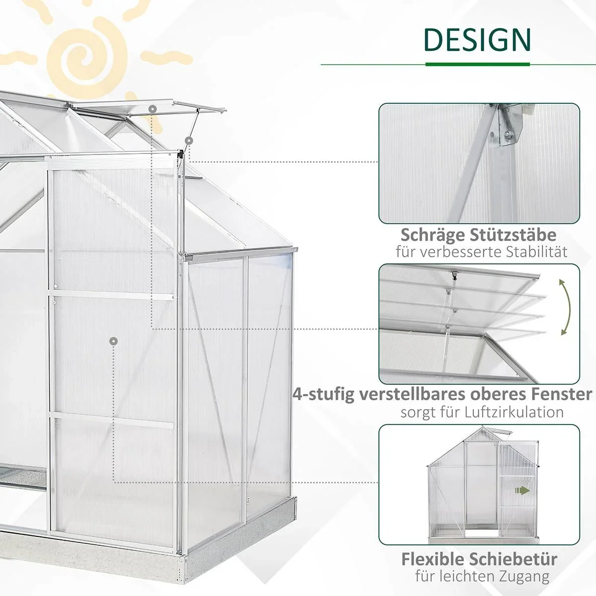 Aluminium Gewächshaus Gartenhaus mit Fenster Tür 193 x 126 x 205 cm 2,5 Pflanzenhaus inkl. Fundament Treibhaus Tomatenh - 2