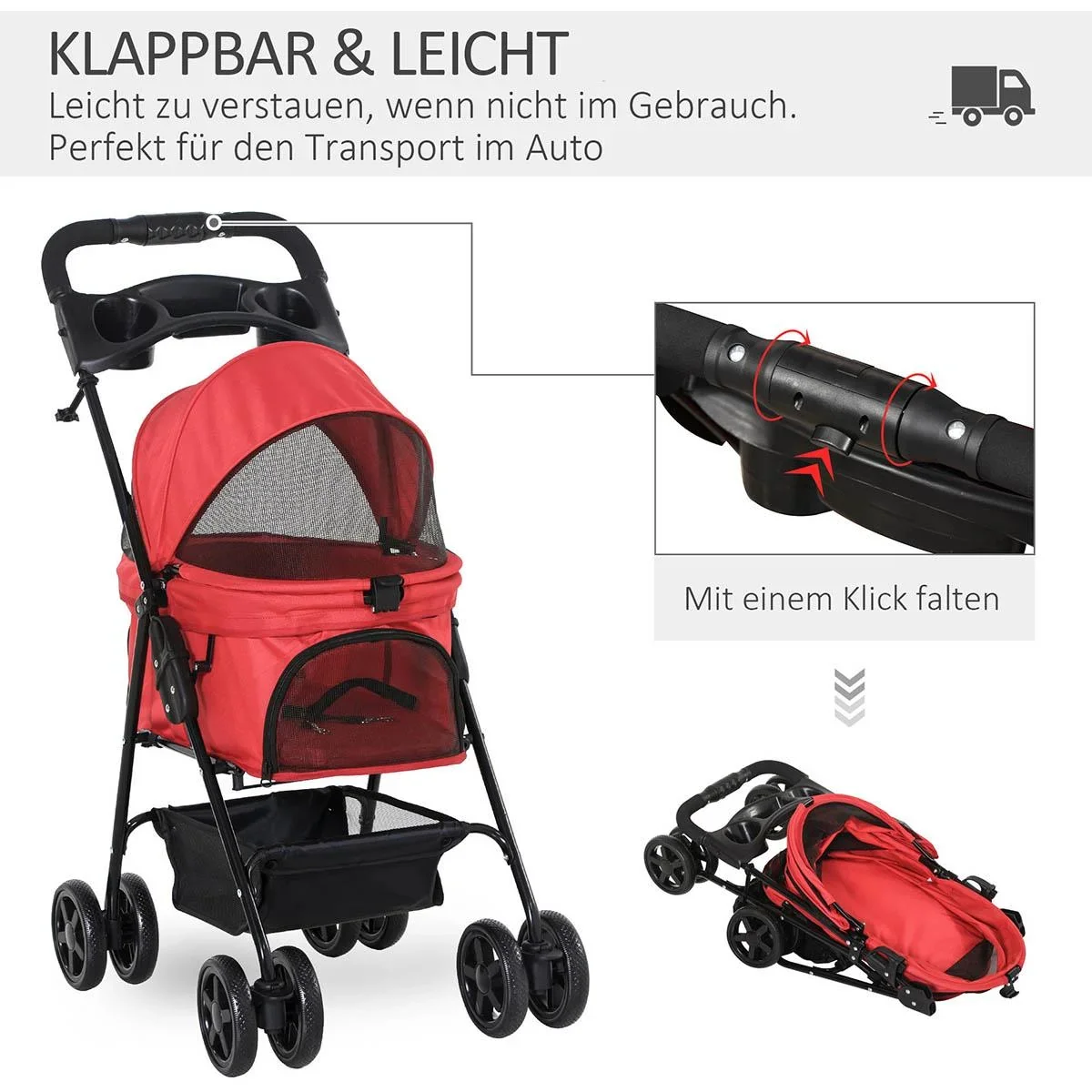 Hundebuggy mit Klappfunktion Hundewagen Buggy für Hunde und Katzen Haustierwagen Katzenbuggy Oxford Rot 67 x 45 x 96 cm - 1