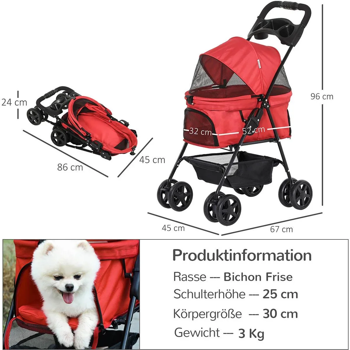 Hundebuggy mit Klappfunktion Hundewagen Buggy für Hunde und Katzen Haustierwagen Katzenbuggy Oxford Rot 67 x 45 x 96 cm - 2